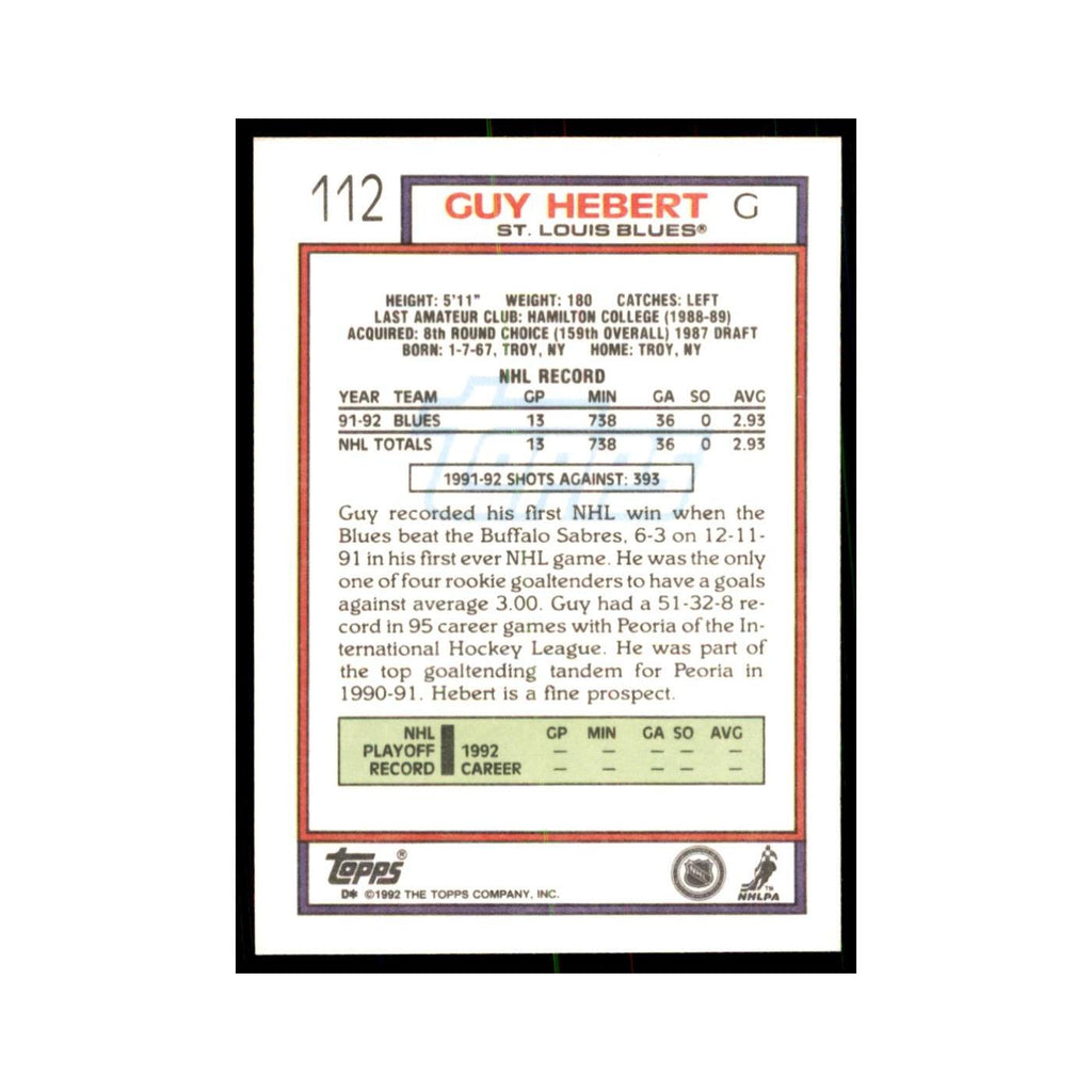 Guy Hebert 1992 Topps #112 Hockey Cards Hockey Card NM
