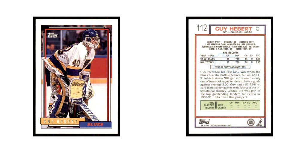 Guy Hebert 1992 Topps #112 Hockey Cards Hockey Card NM