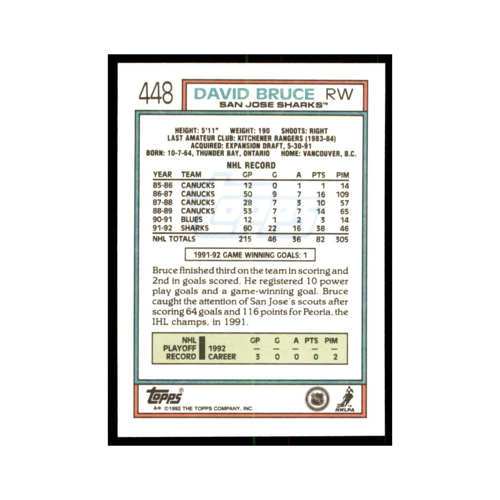 David Bruce 1992 Topps #448 Hockey Cards Hockey Card NM