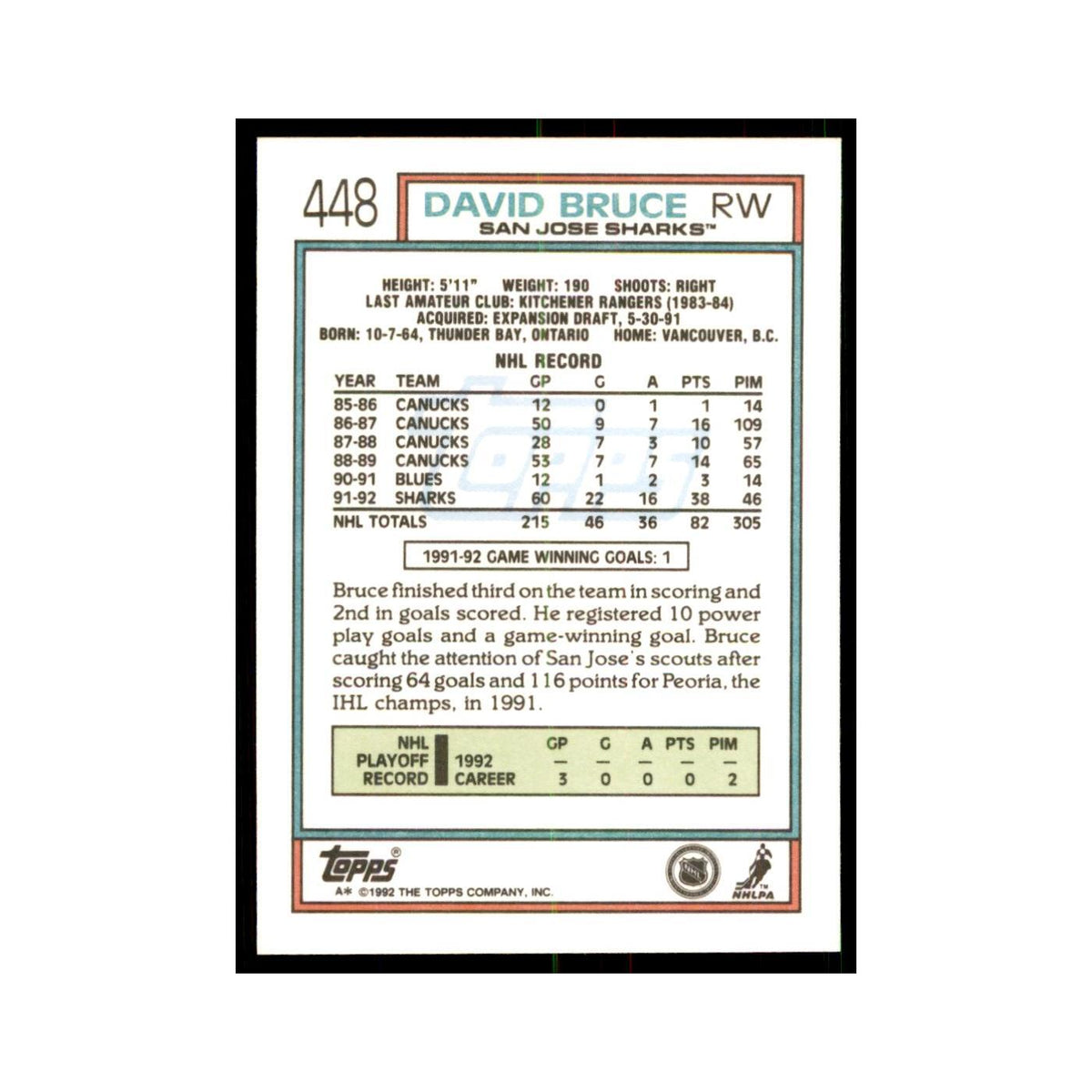 David Bruce 1992 Topps #448 Hockey Cards Hockey Card NM