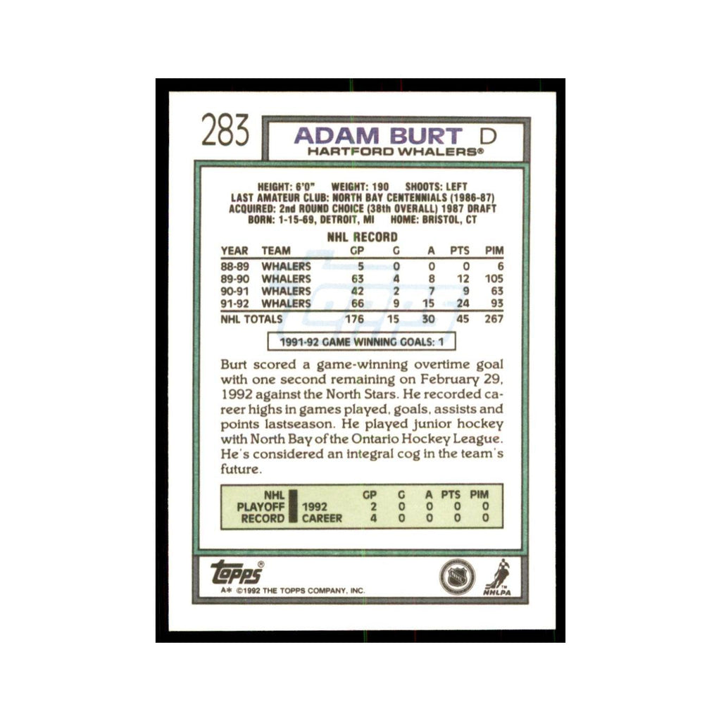 Adam Burt 1992 Topps #283 Hockey Cards Hockey Card NM