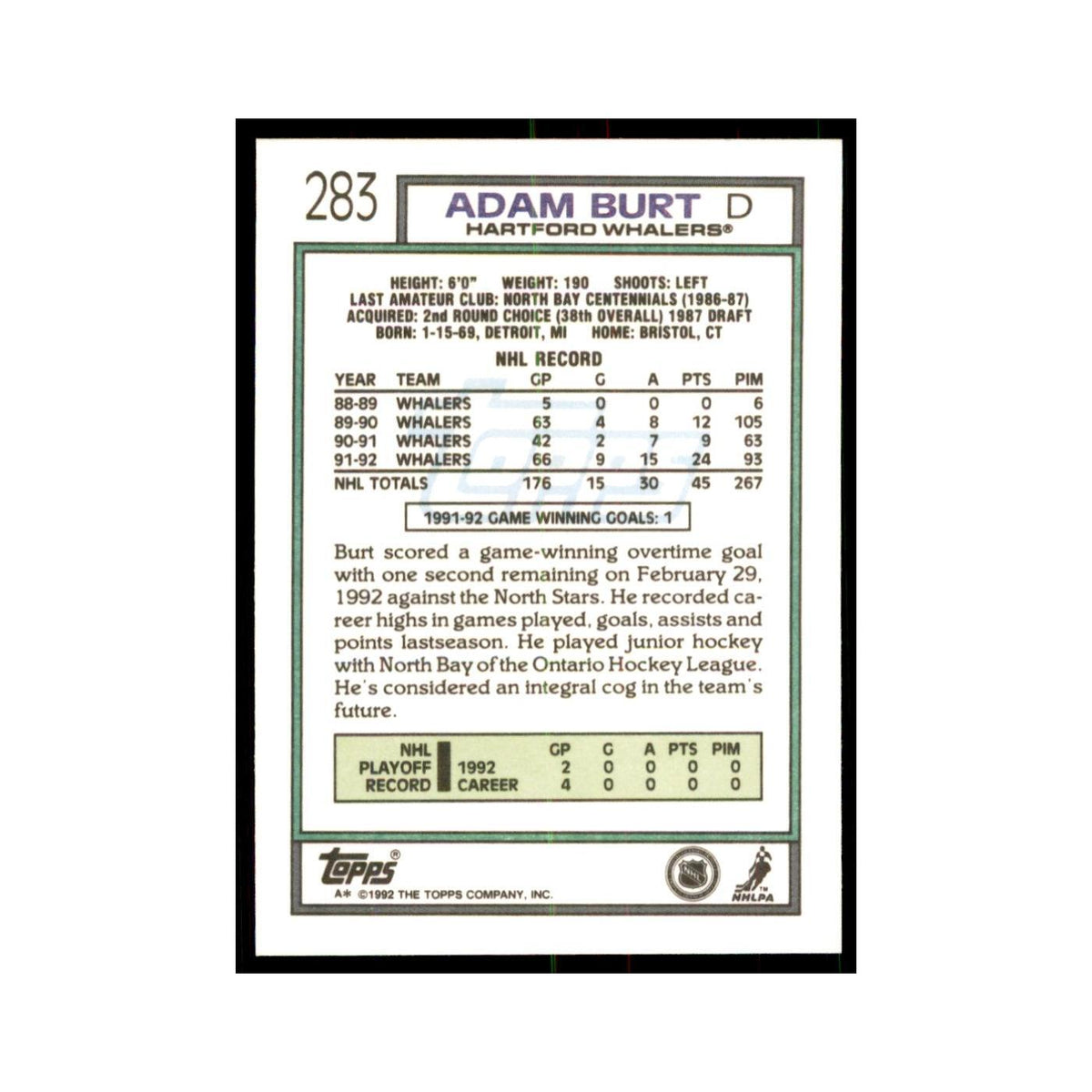 Adam Burt 1992 Topps #283 Hockey Cards Hockey Card NM
