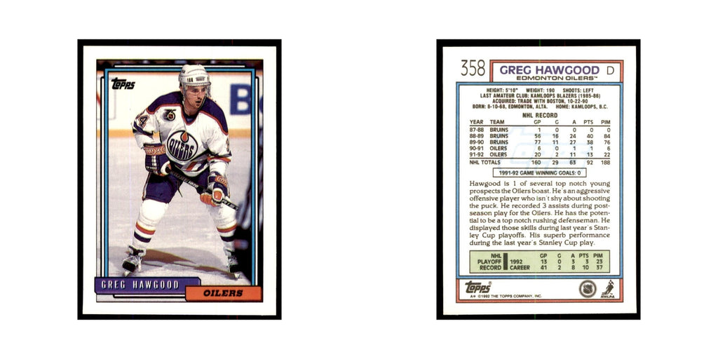 Greg Hawgood 1992 Topps #358 Hockey Cards Hockey Card NM