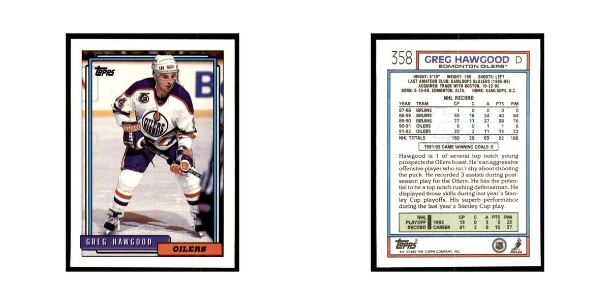Greg Hawgood 1992 Topps #358 Hockey Cards Hockey Card NM