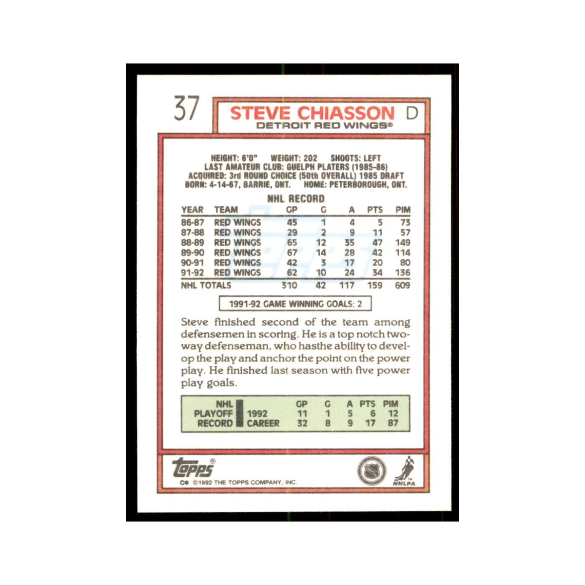 Steve Chiasson 1992 Topps #37 Hockey Cards Hockey Card NM