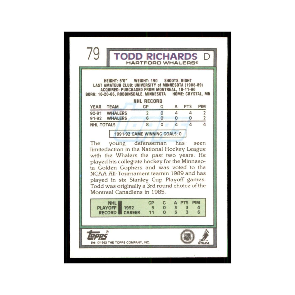 Todd Richards 1992 Topps #79 Hockey Cards Hockey Card NM