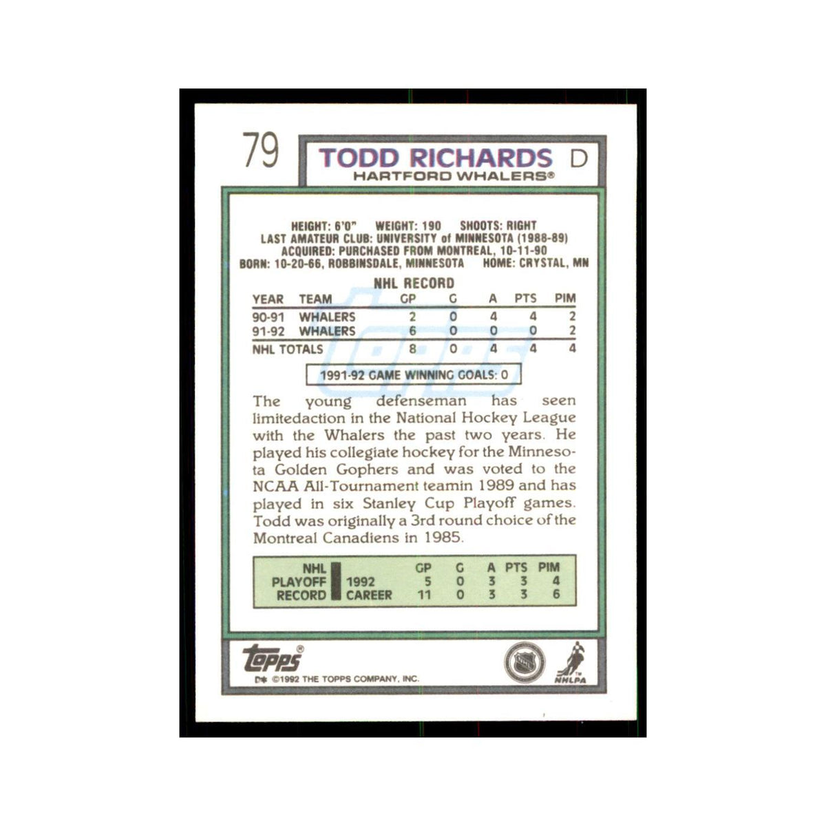 Todd Richards 1992 Topps #79 Hockey Cards Hockey Card NM