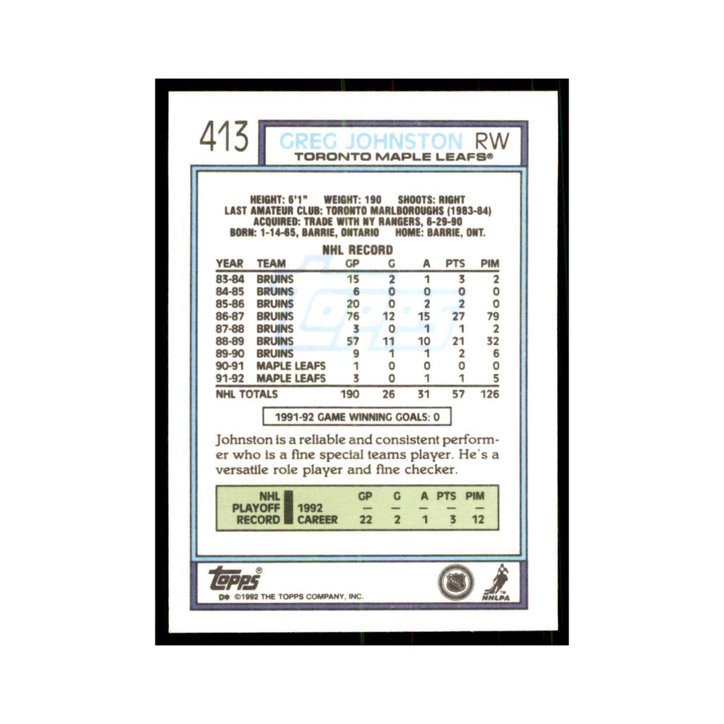 Greg Johnston 1992 Topps #413 Hockey Cards Hockey Card NM