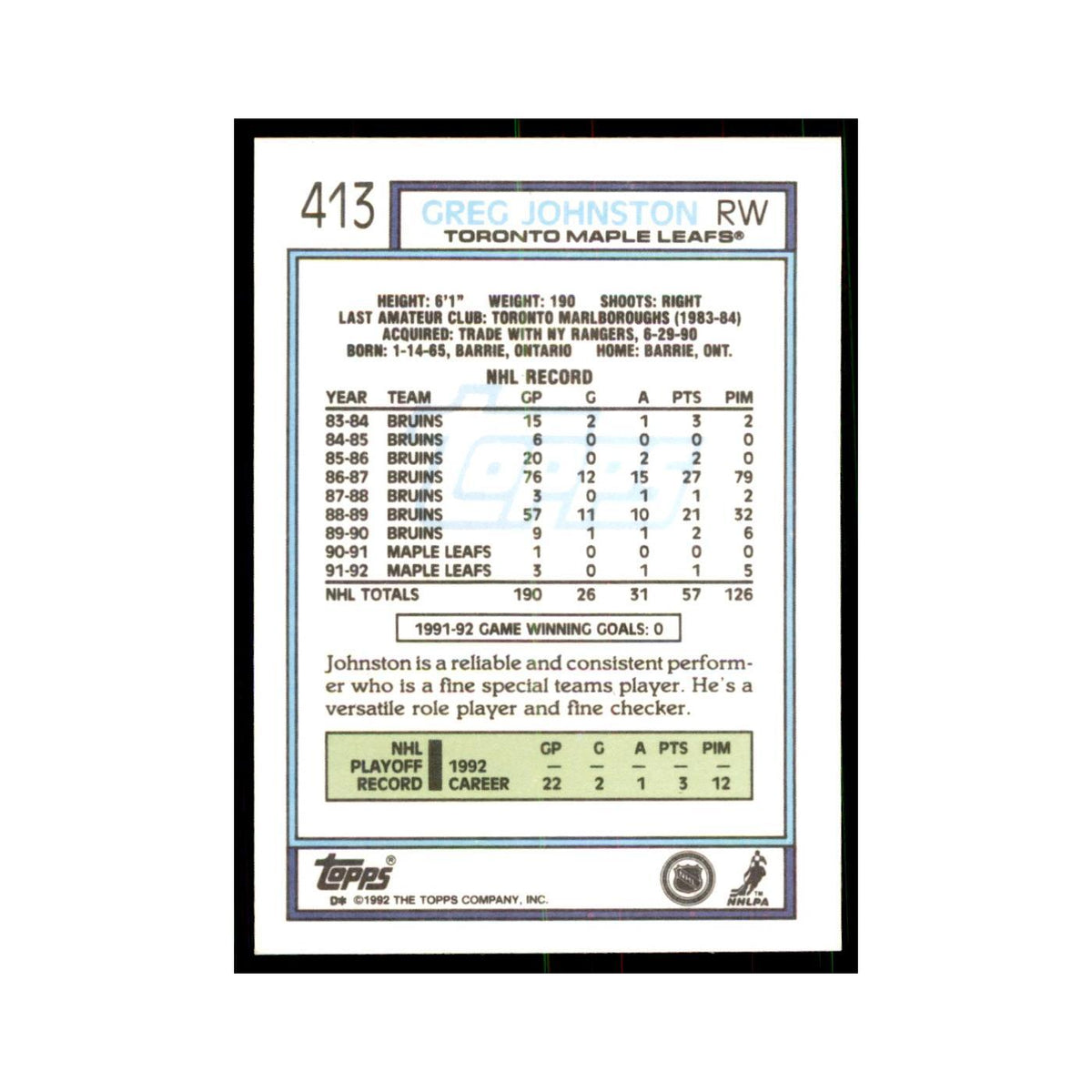 Greg Johnston 1992 Topps #413 Hockey Cards Hockey Card NM