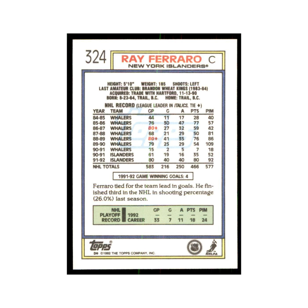 Ray Ferraro 1992 Topps #324 Hockey Cards Hockey Card NM