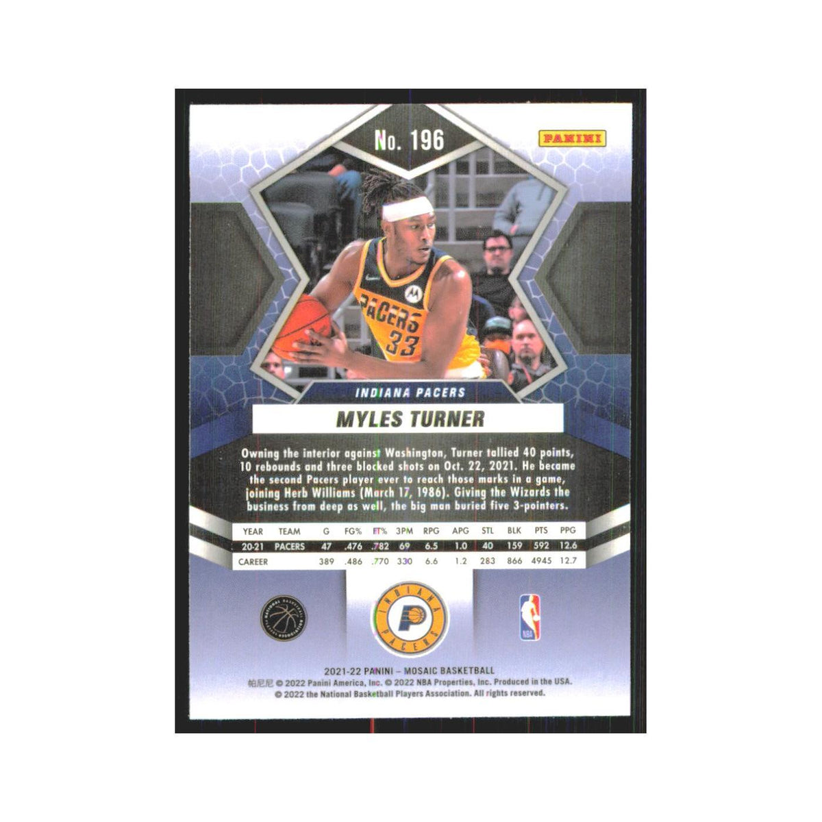Myles Turner 2021 Panini Mosaic #196 Indiana Pacers Basketball Card NM