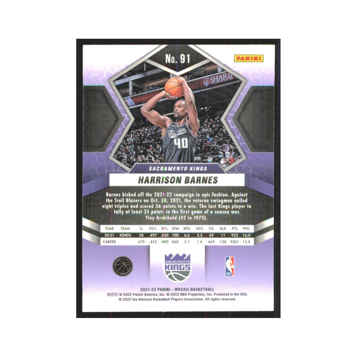 Harrison Barnes 2021 Panini Mosaic #91 Sacramento Kings Basketball Card NM