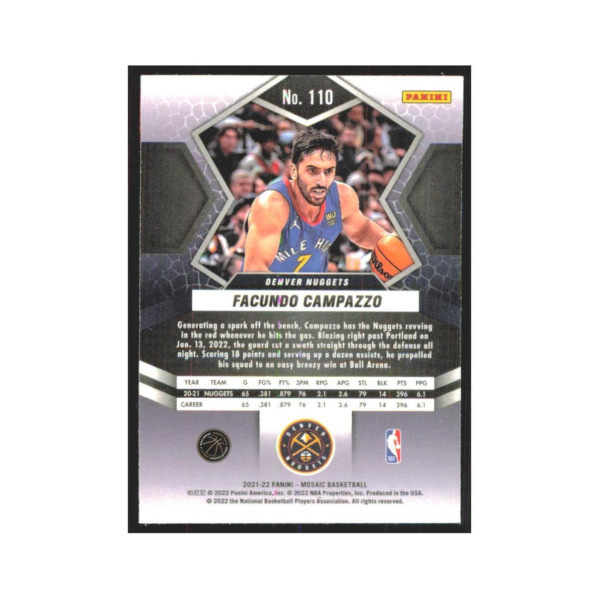 Facundo Campazzo 2021 Panini Mosaic #110 Denver Nuggets Basketball Card NM