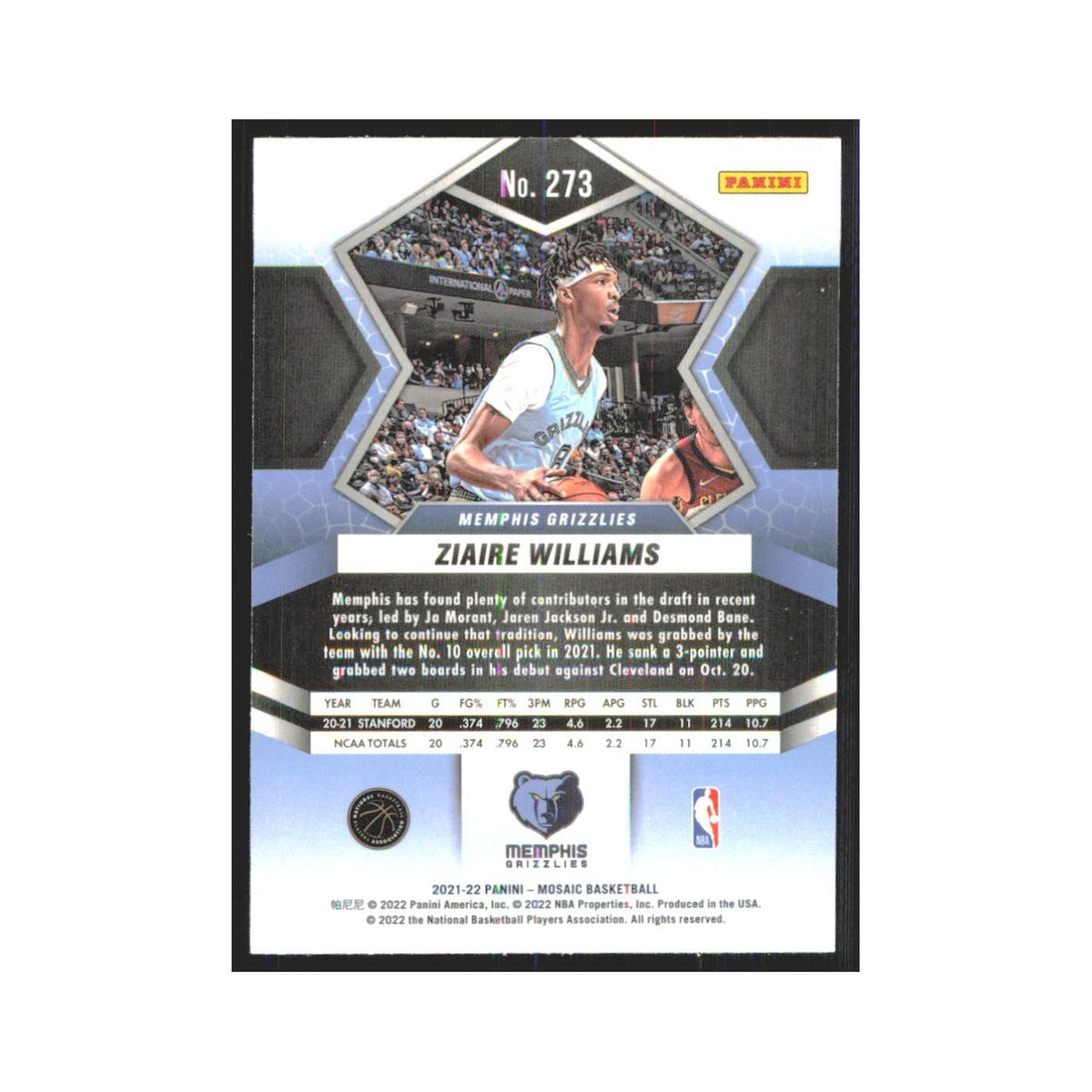 Ziaire Williams 2021 Panini Mosaic #273 Memphis Grizzlies Basketball Card NM