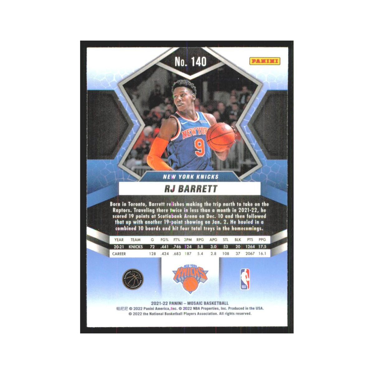 RJ Barrett 2021 Panini Mosaic #140 New York Knicks Basketball Card NM
