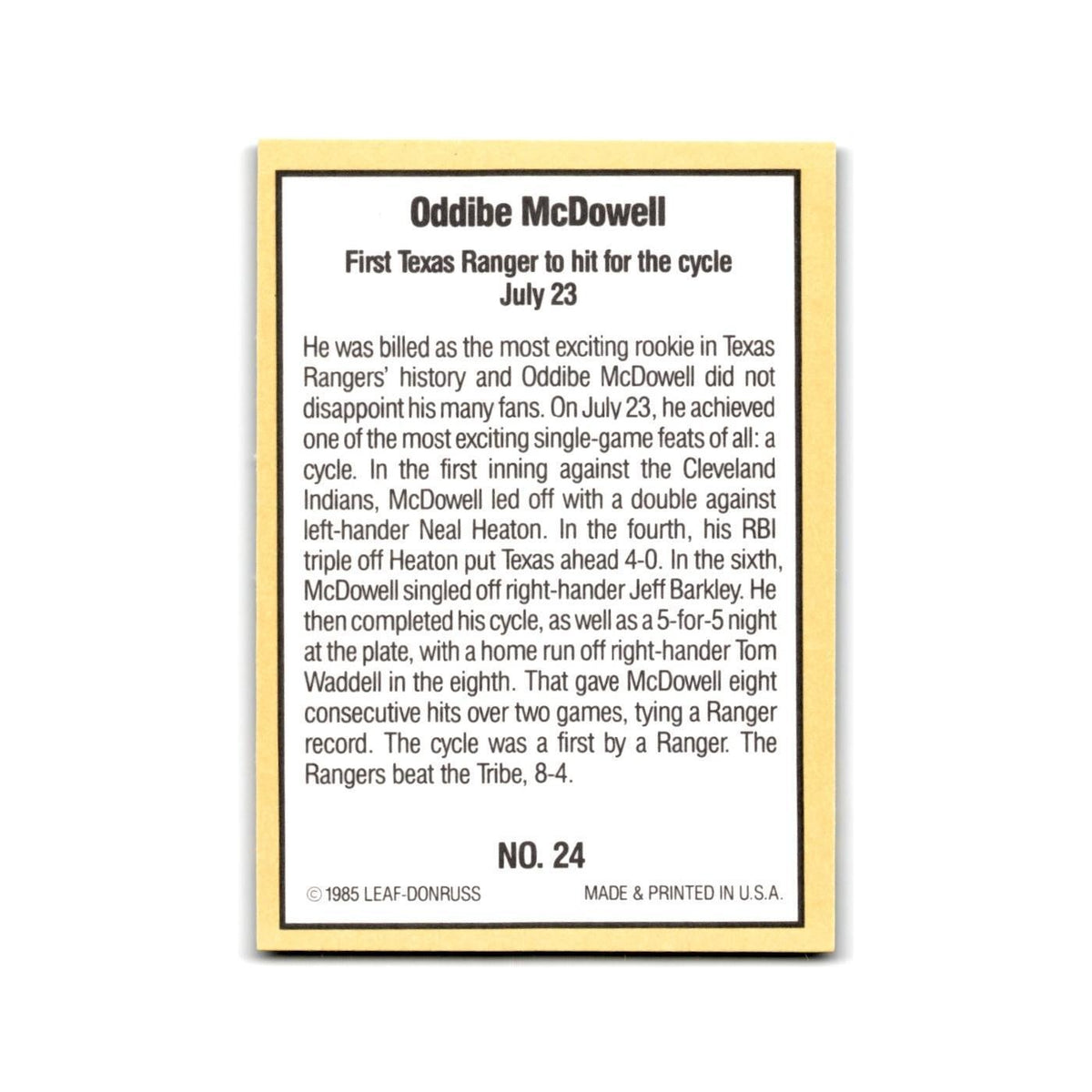 Oddibe McDowell 1985 Donruss Highlights #24 Texas Rangers Baseball Card NM