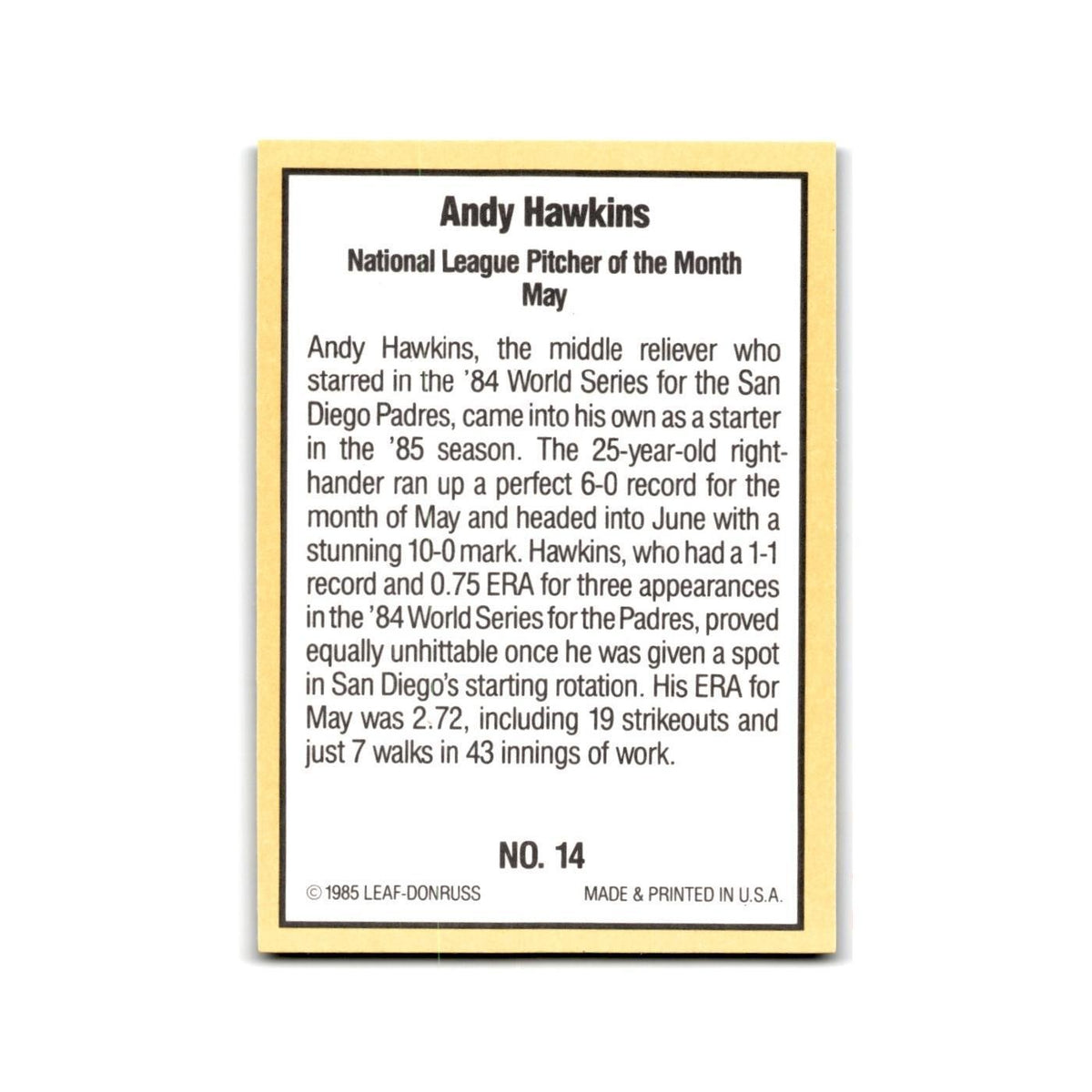 Andy Hawkins 1985 Donruss Highlights #14 San Diego Padres Baseball Card NM