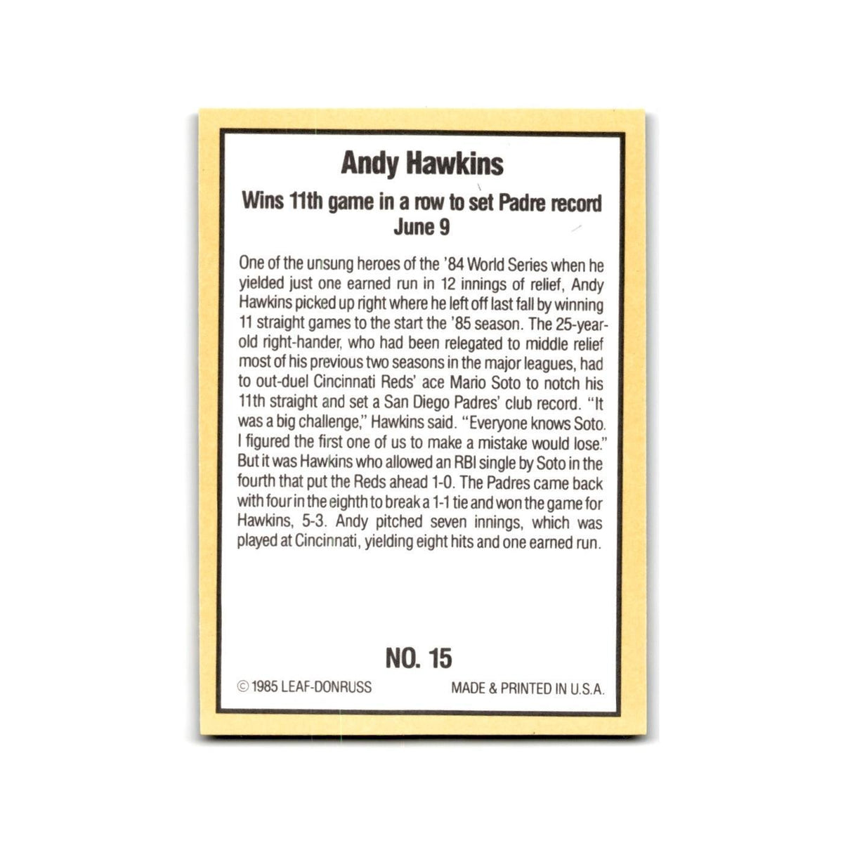 Andy Hawkins 1985 Donruss Highlights #15 San Diego Padres Baseball Card NM