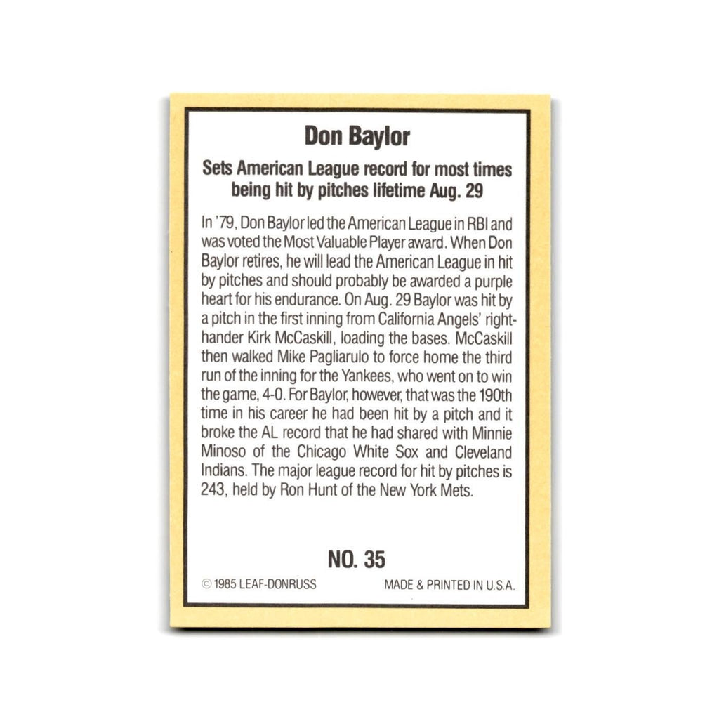 Don Baylor 1985 Donruss Highlights #35 New York Yankees Baseball Card NM