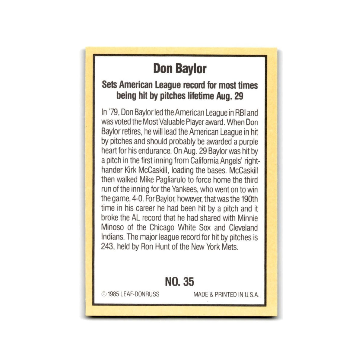 Don Baylor 1985 Donruss Highlights #35 New York Yankees Baseball Card NM
