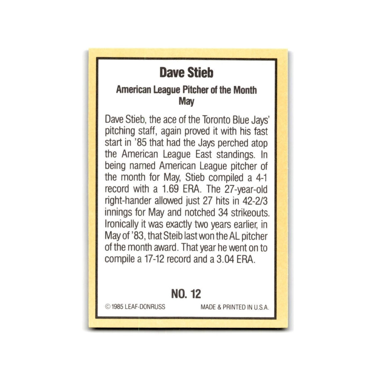 Dave Stieb 1985 Donruss Highlights #12 Toronto Blue Jays Baseball Card NM