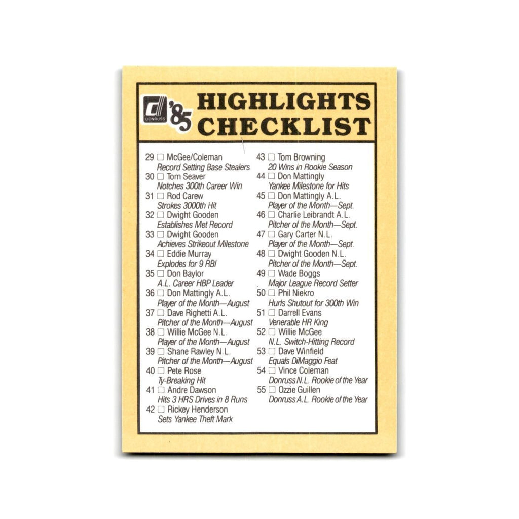 Checklist 1985 Donruss Highlights #NNO Baseball Card NM