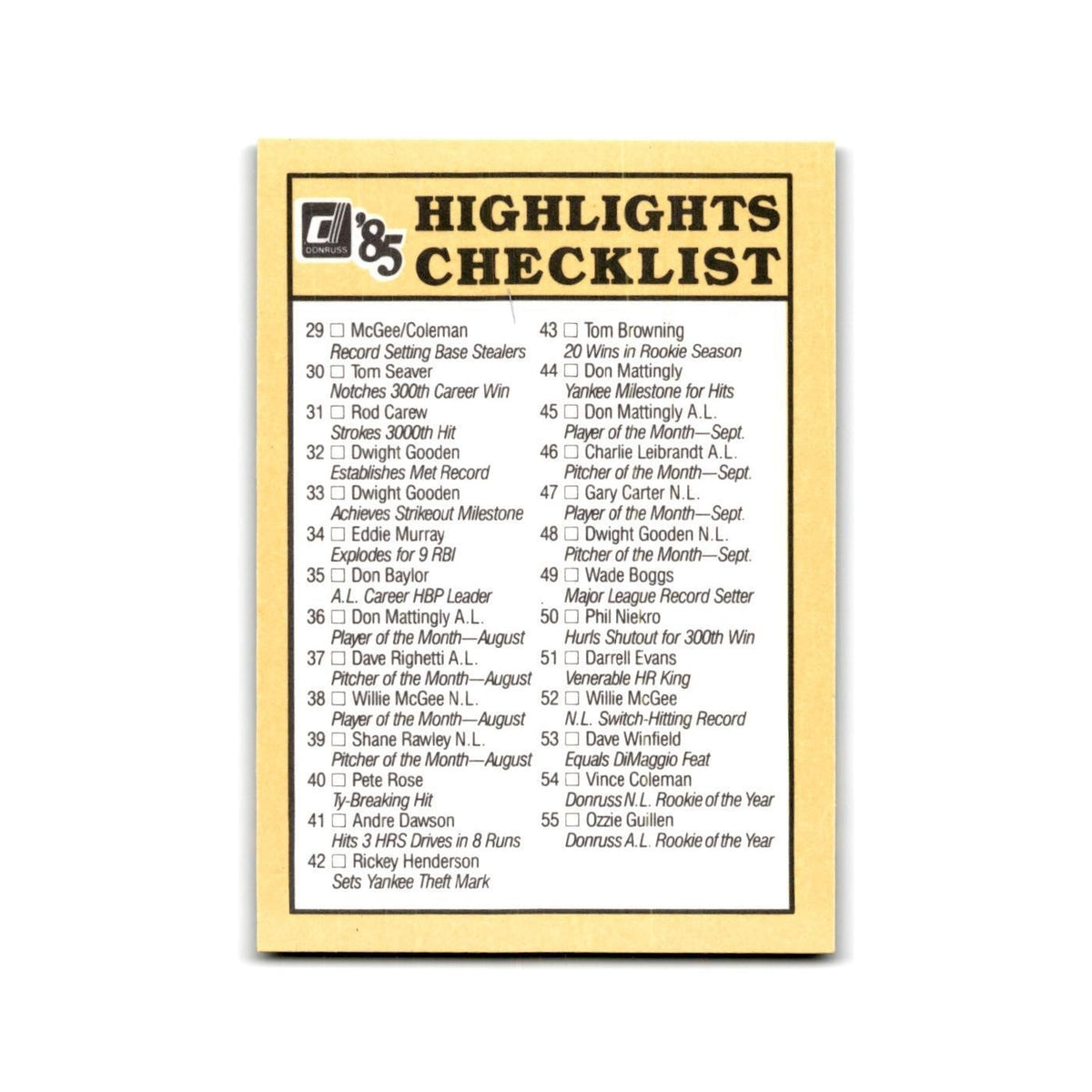 Checklist 1985 Donruss Highlights #NNO Baseball Card NM