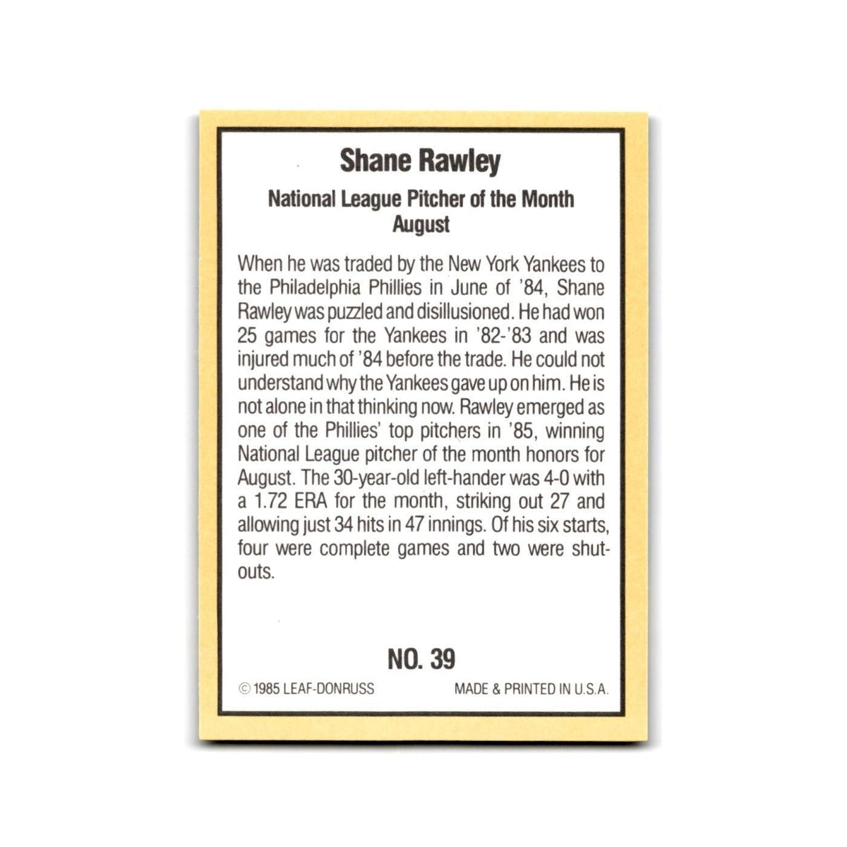 Shane Rawley 1985 Donruss Highlights #39 Philadelphia Phillies Baseball Card NM