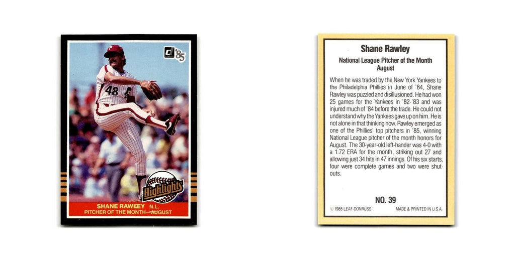 Shane Rawley 1985 Donruss Highlights #39 Philadelphia Phillies Baseball Card NM