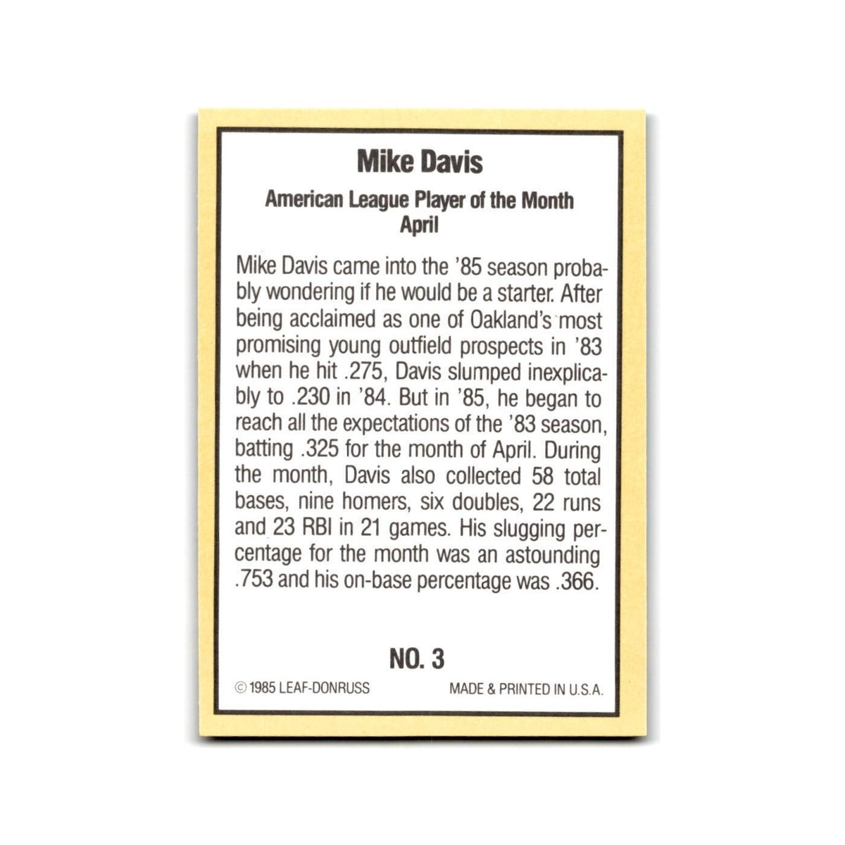 Mike Davis 1985 Donruss Highlights #3 Oakland Athletics Baseball Card NM