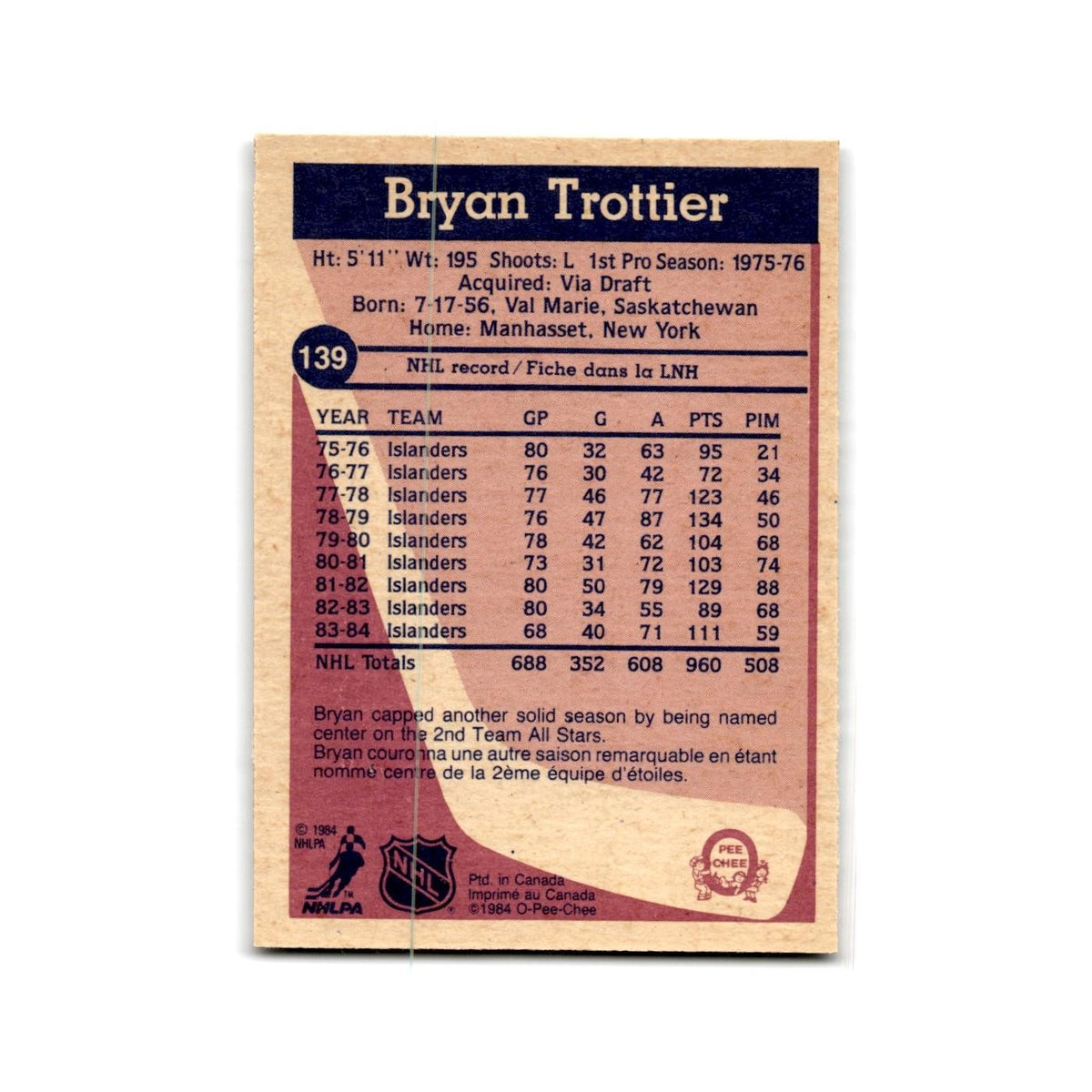 1984 O-Pee-Chee Bryan Trottier New York Islanders #139