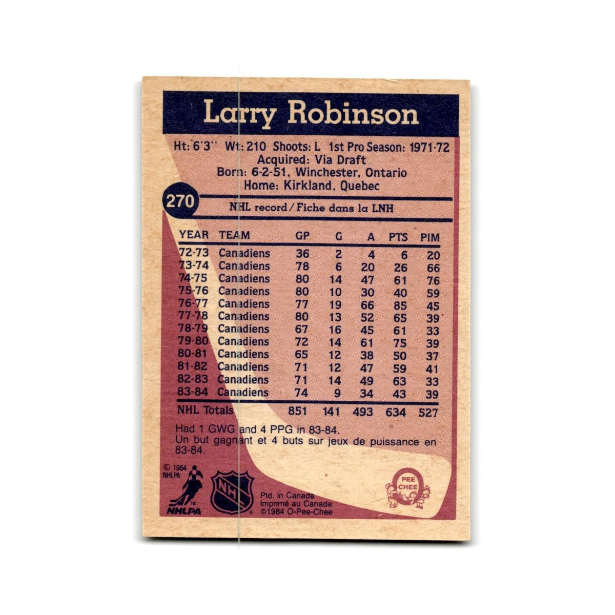 1984 O-Pee-Chee Larry Robinson Montreal Canadiens #270