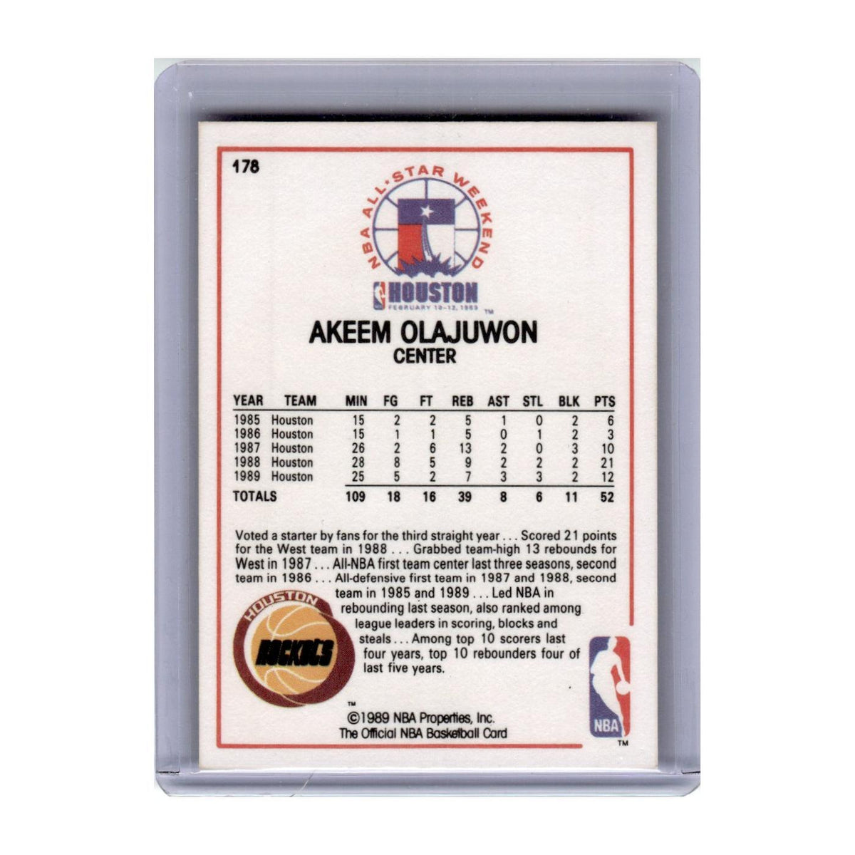 1989 Hoops Basketball Card Akeem Olajuwon Rockets #178