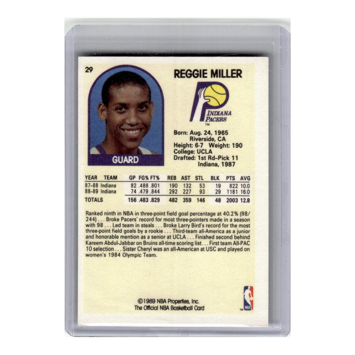 1989 Hoops Basketball Card Reggie Miller Pacers #29