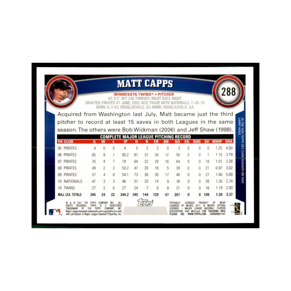 2011 Topps Matt Capps Baseball Cards #288