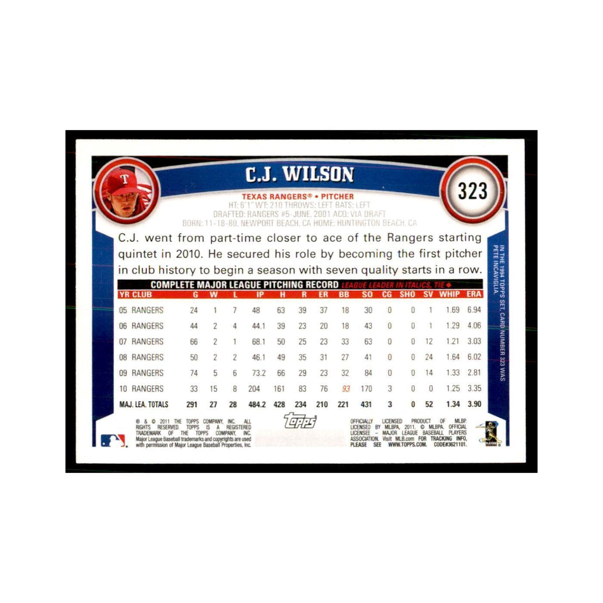 2011 Topps C.J. Wilson Baseball Cards #323