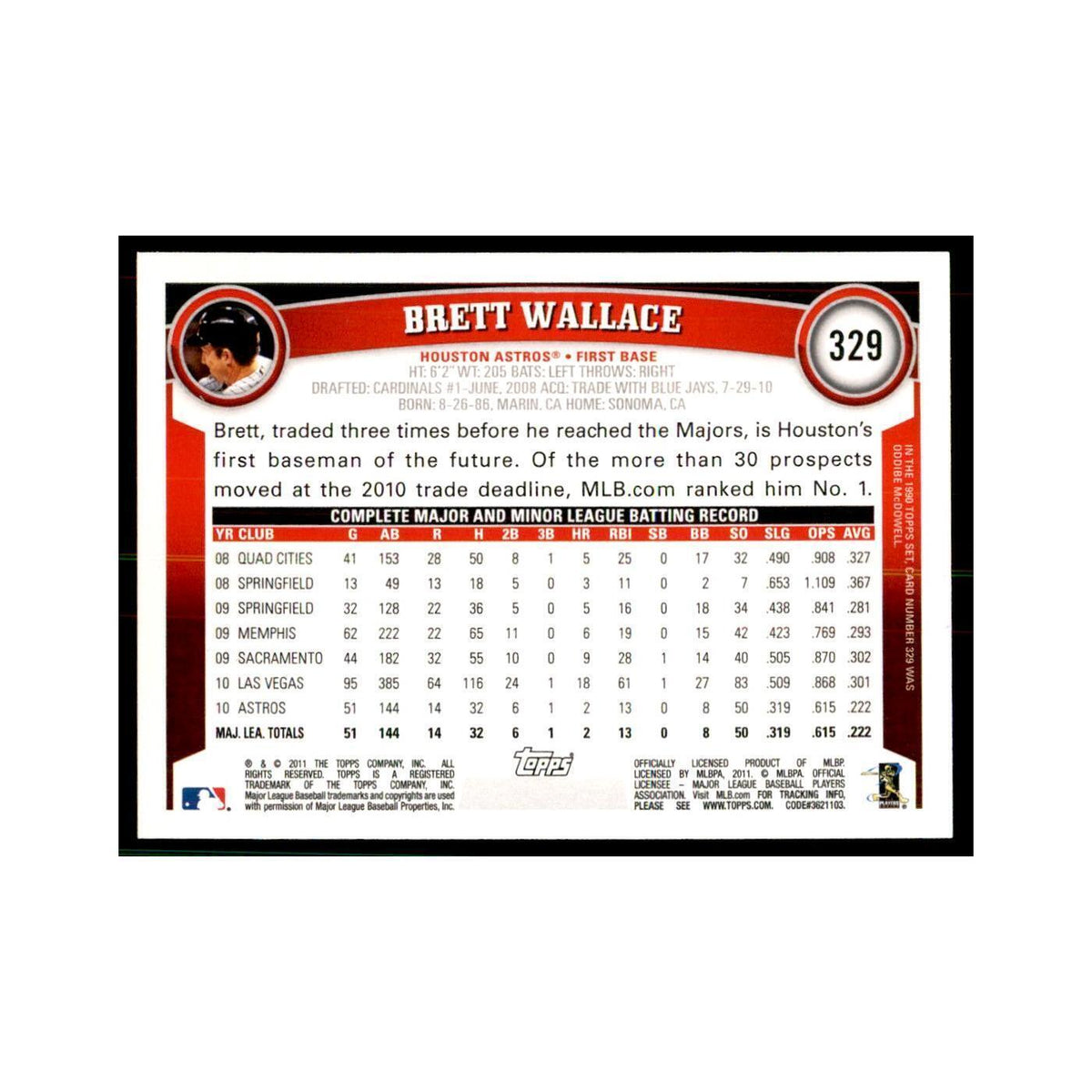 2011 Topps Brett Wallace Baseball Cards #329