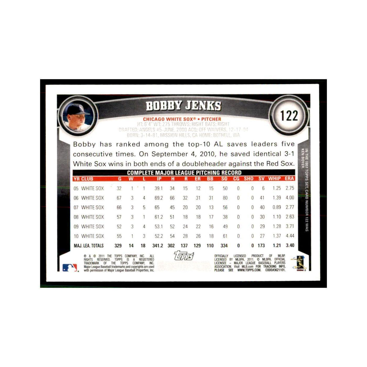 2011 Topps Bobby Jenks Baseball Cards #122