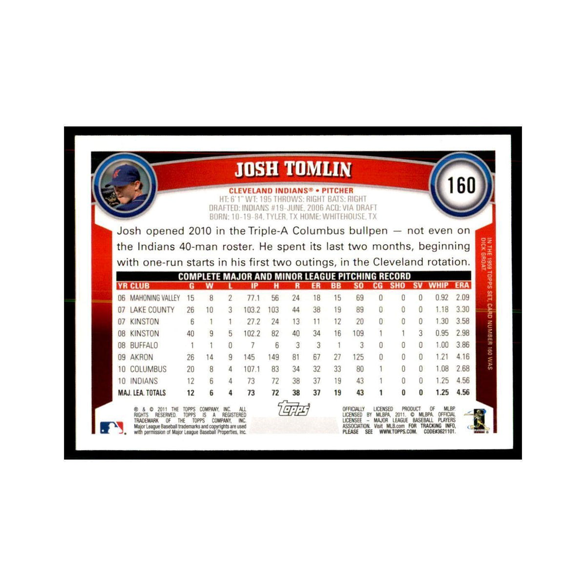 2011 Topps Josh Tomlin Baseball Cards #160