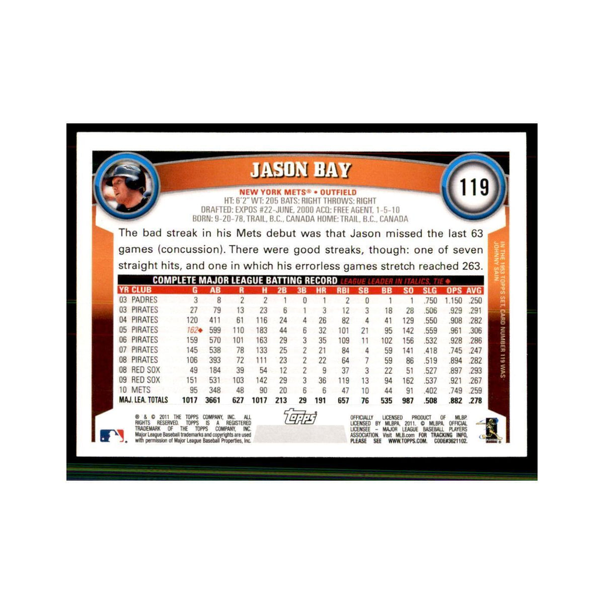 2011 Topps Jason Bay Baseball Cards #119