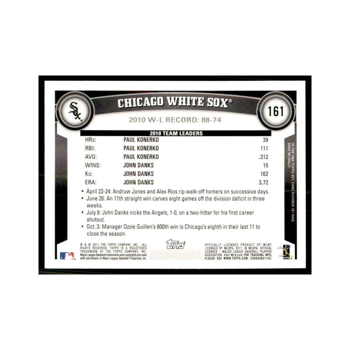 2011 Topps Chicago White Sox Baseball Cards #161