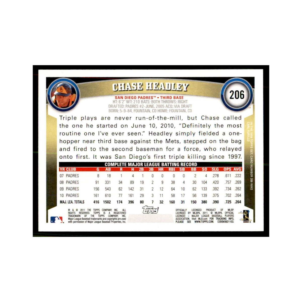 2011 Topps Chase Headley Baseball Cards #206