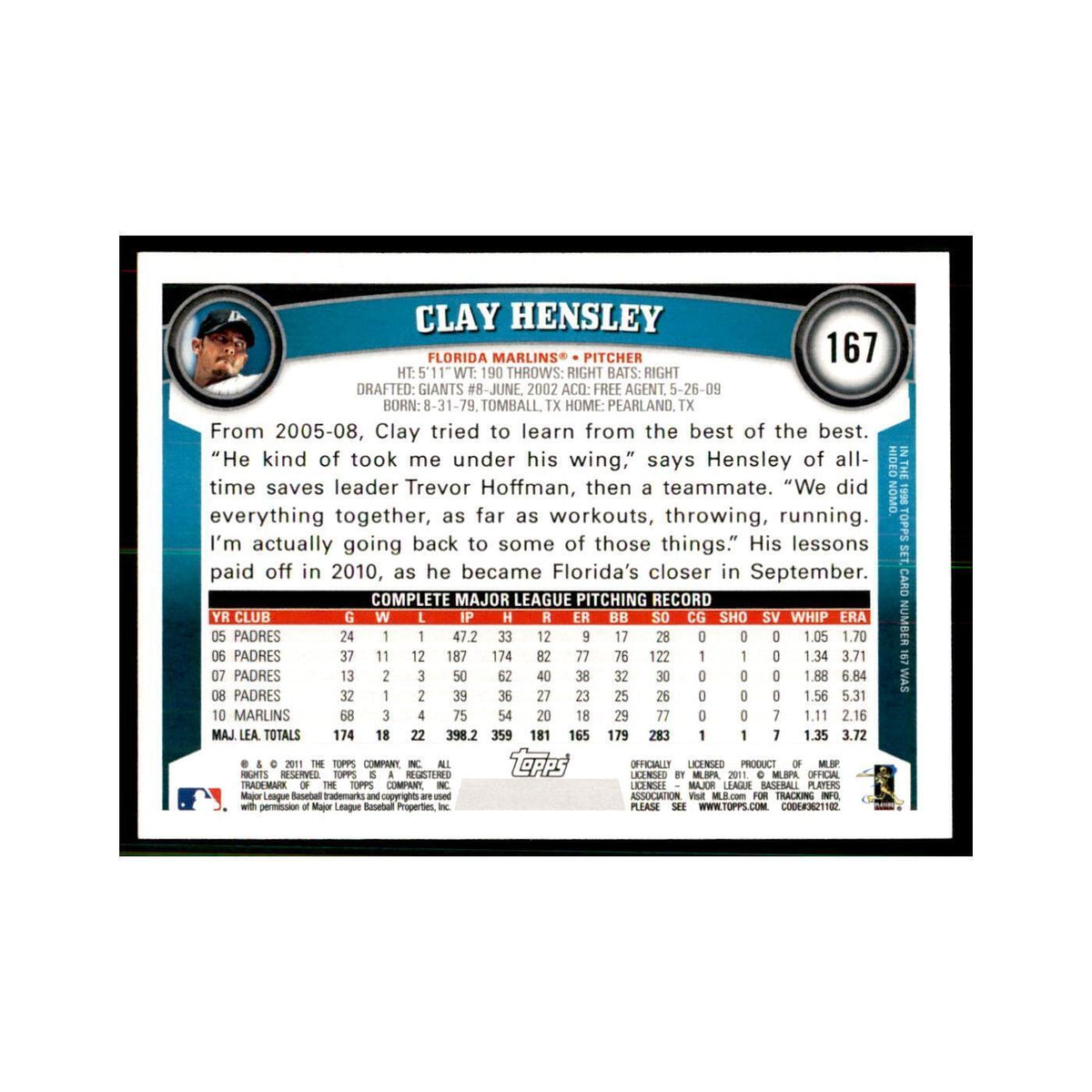 2011 Topps Clay Hensley Baseball Cards #167