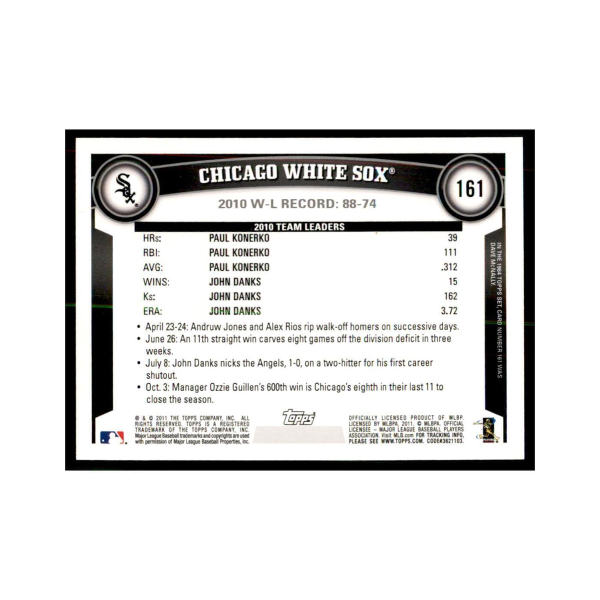 2011 Topps Chicago White Sox Baseball Cards #161
