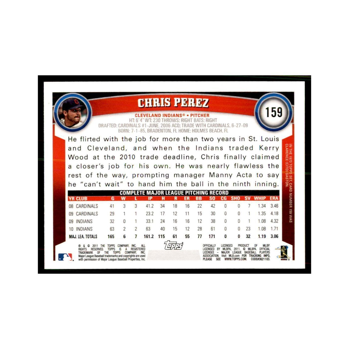 2011 Topps Chris Perez Baseball Cards #159