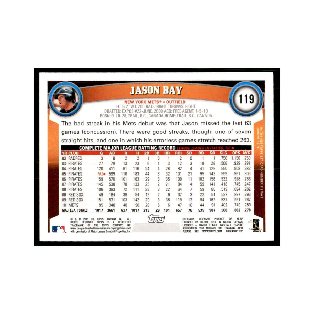 2011 Topps Jason Bay Baseball Cards #119
