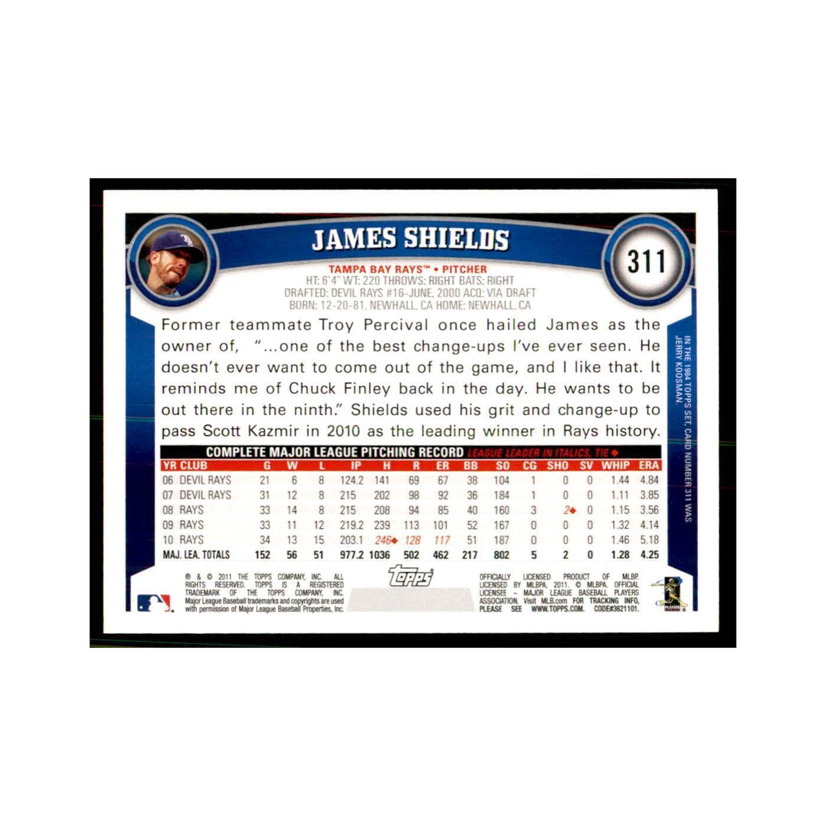 2011 Topps James Shields Baseball Cards #311