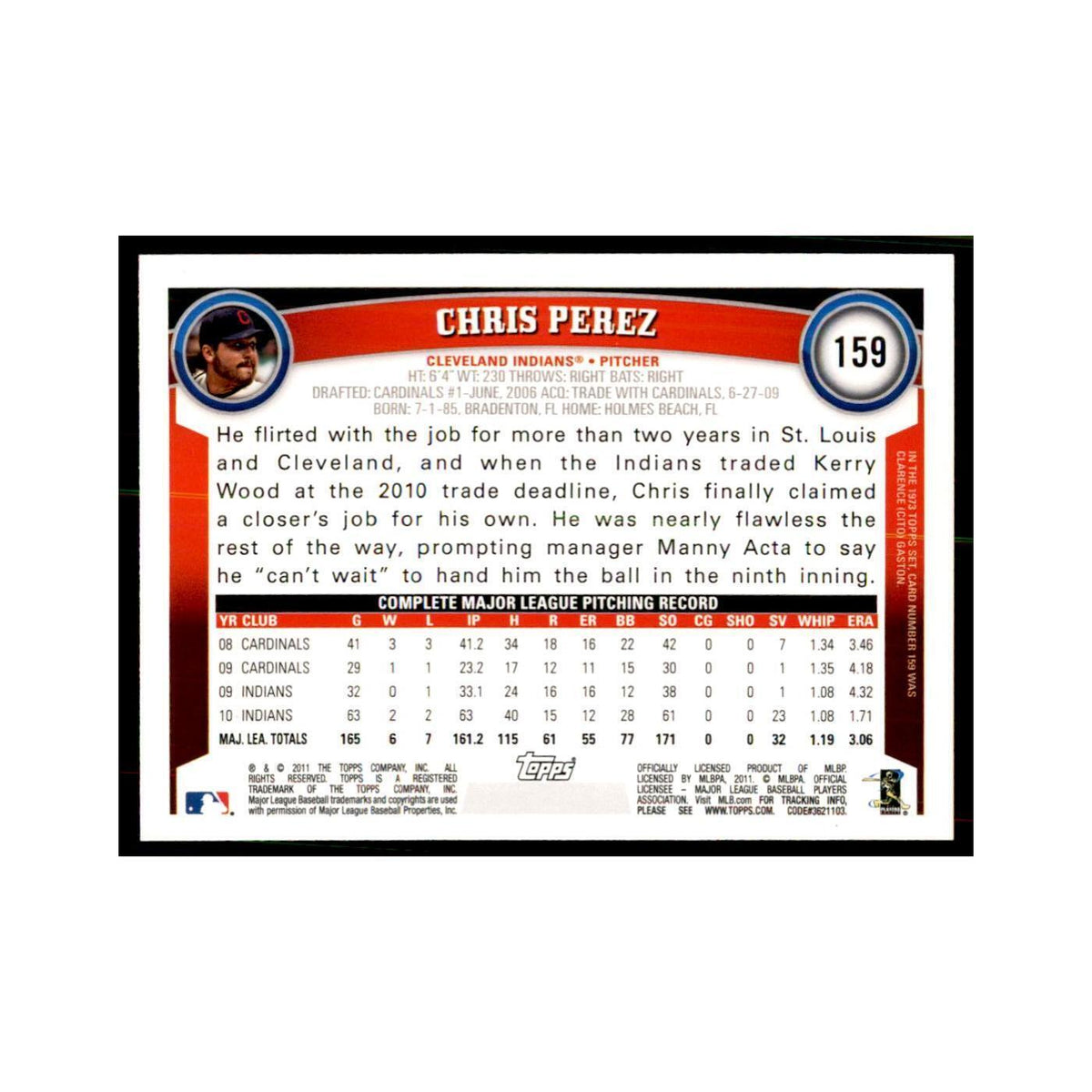 2011 Topps Chris Perez Baseball Cards #159