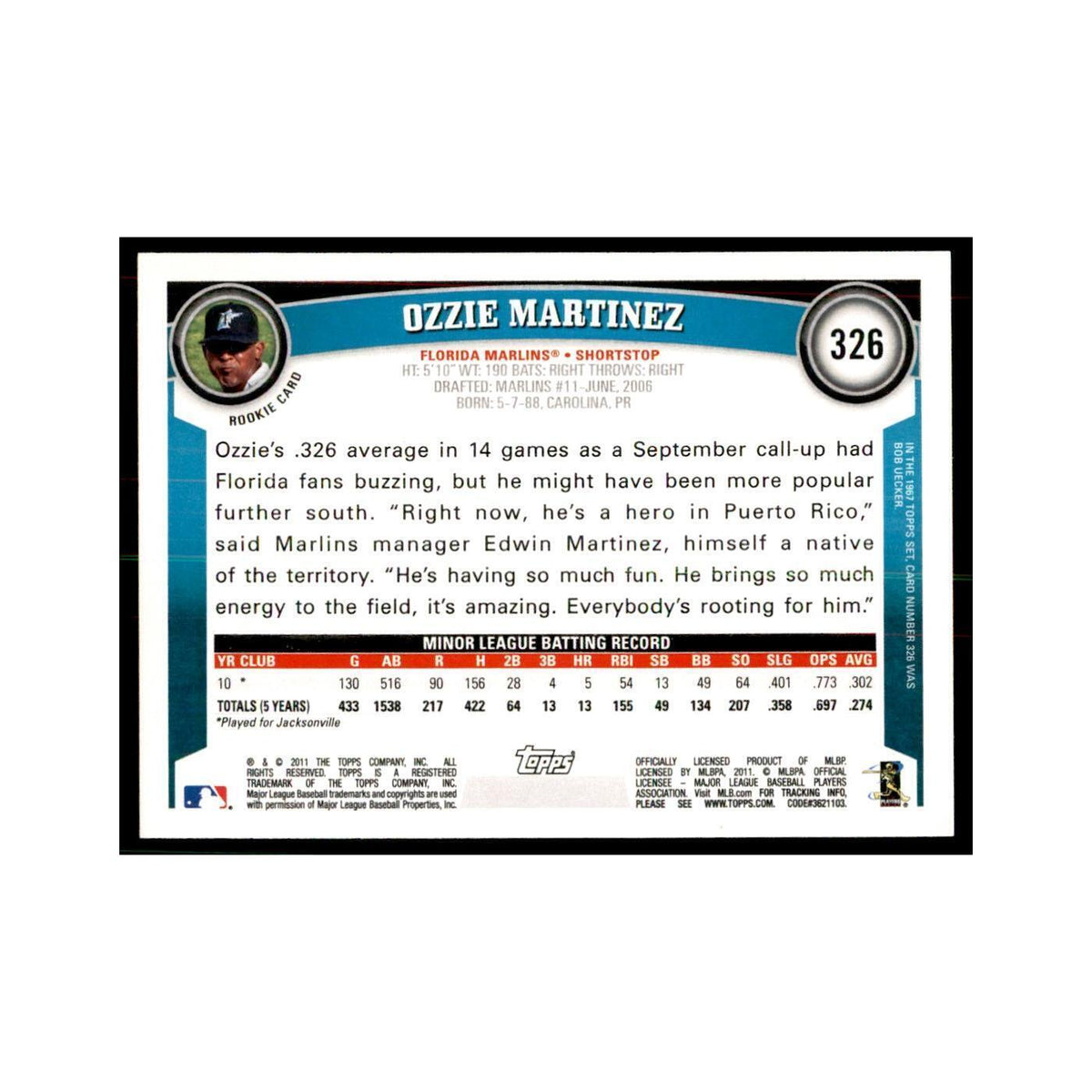 2011 Topps Ozzie Martinez RC Baseball Cards #326