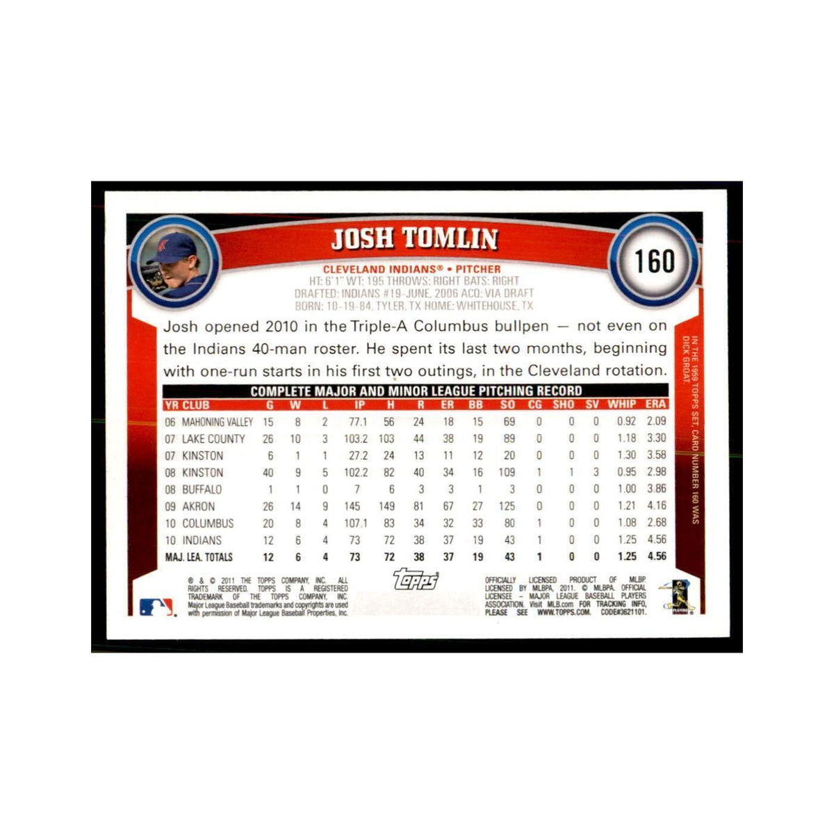 2011 Topps Josh Tomlin Baseball Cards #160